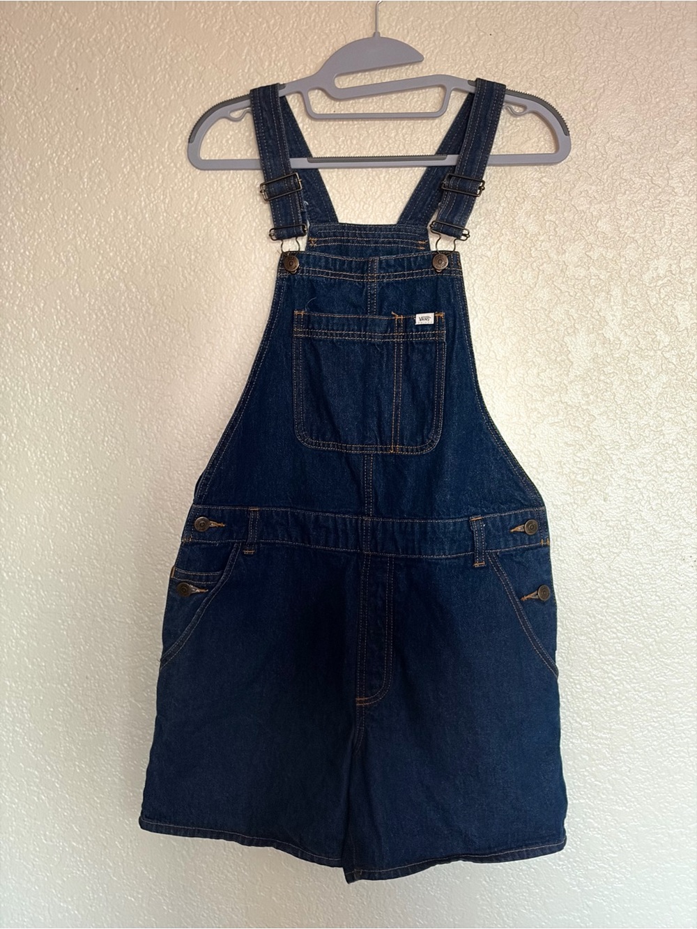 Vans Boyfriend Fit Denim Overalls in Blue with Red Stitching